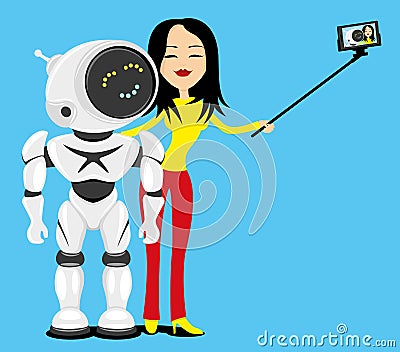 Woman and robot make a photo. Vector Illustration