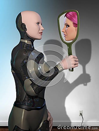 Woman Robot Reflection Cartoon Illustration