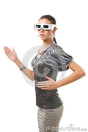 Woman robot in silver glasses Stock Photo