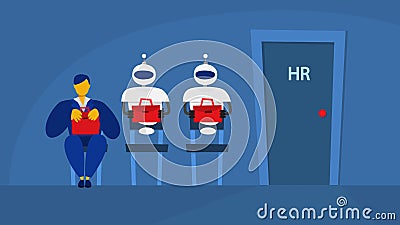 Woman and robot waiting in queue on interview Vector Illustration