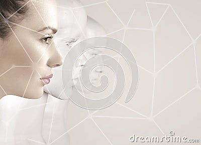 Woman and robots - artificial intelligence Stock Photo