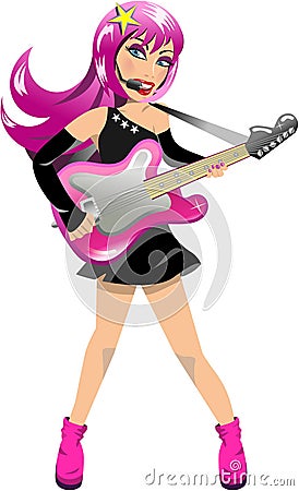 Woman Rockstar Playing Electric Guitar Vector Illustration