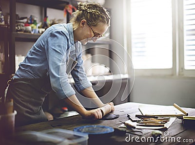 Woman Rolling Clay Craftsman Skill Concept Stock Photo