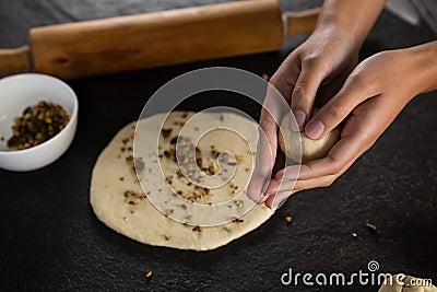 Woman rolling a dough ball in her hand Stock Photo