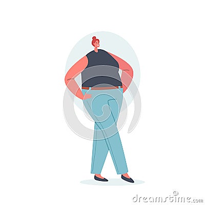 Woman with Round Body Shape, Female Character Apple Figure Type with Big Belly and Buttocks, Girl Posing in Blue Jeans Vector Illustration