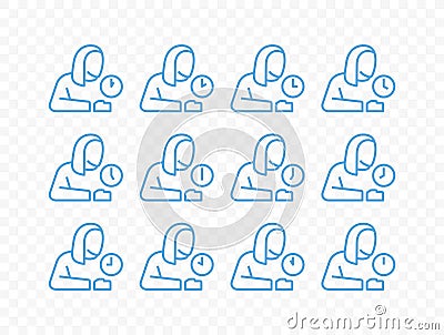Woman and round clock and arrow vector icons collection. Outline person and horizontal analog clock, notifying each hour icons set Vector Illustration