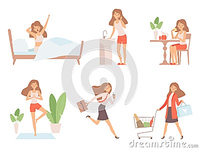 Woman daily routine. Business lady time management life every day process working mother vector cartoon characters Vector Illustration
