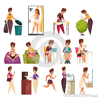 Daily Woman Routine Flat Set Vector Illustration