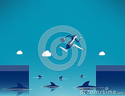 A woman run over the shark. Danger in business Vector Illustration
