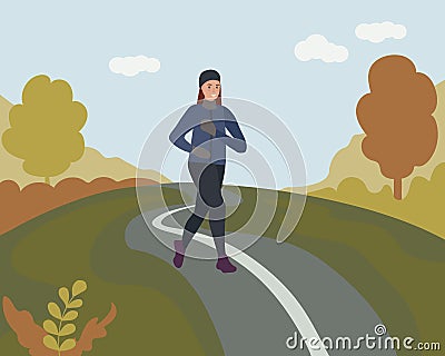 A woman running in an autumn park. Sports training on the street. Runner in motion. Marathon and long runs outside. running and Vector Illustration