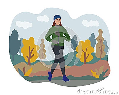 A woman running in an autumn park. Sports training on the street. Runner in motion. Marathon and long runs outside. running and Vector Illustration