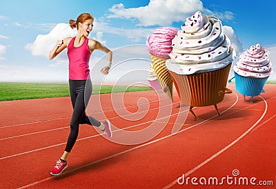 Woman running away from sweets Stock Photo