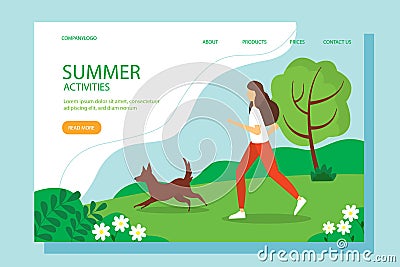 Woman running with the dog in the Park. Conceptual illustration of outdoor recreation, active pastime. Vector Illustration