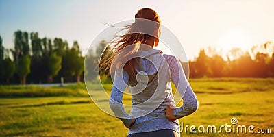 Woman running on grass field. Female jogging workout concept. Generative AI Stock Photo