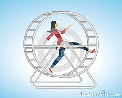 Woman running in hamster wheel, squirrel wheel. Stress in life.Vector illustration. Vector Illustration