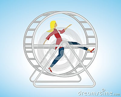 Woman running in hamster wheel, squirrel wheel. Stress in life.Vector illustration. Vector Illustration