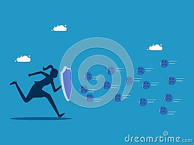 woman running holding a protective shield and resisting negative thoughts Vector Illustration