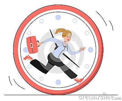 Woman running inside the clock in panic Vector Illustration