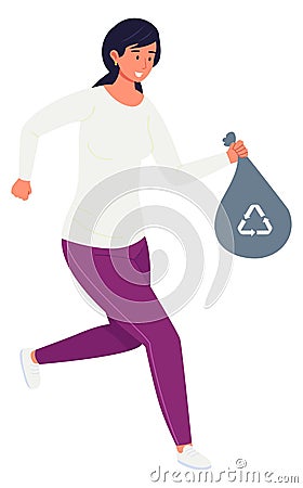 Woman running recycle trash bag. Waste dumping Vector Illustration