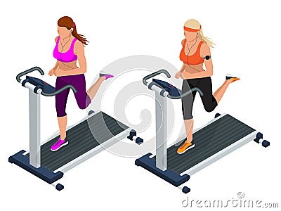 Woman on a running simulator. Pretty girl working out in a treadmill at the gym. Treadmill. Flat 3d vector isometric Vector Illustration