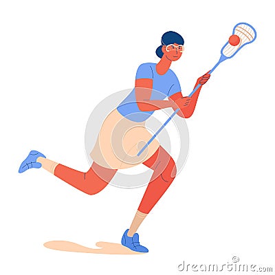 Woman running with stick and ball white lacrosse game training. Lovely active female character drawn in cartoon style Stock Photo