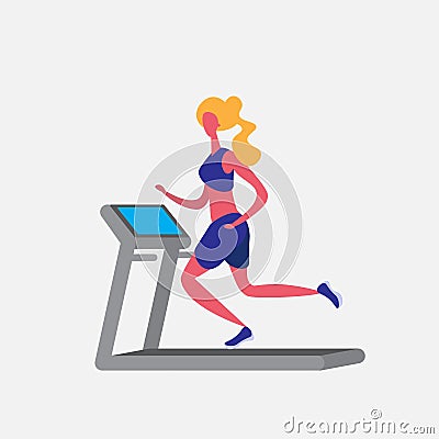 Woman running treadmill cartoon character sport female activities isolated keep fit healthy lifestyle motivation concept Vector Illustration