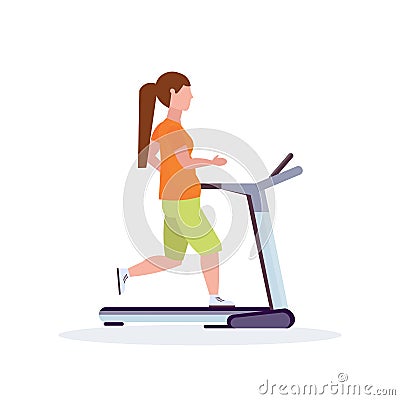 Woman running treadmill sportswoman working out healthy lifestyle concept female cartoon character full length flat Vector Illustration