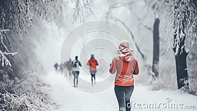 Woman running in winter forest. Female runner jogging in snowy forest Stock Photo