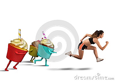 Woman runs away from sweets Stock Photo