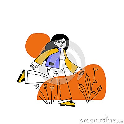 Woman runs. Hurrying character gestures. Vector Illustration