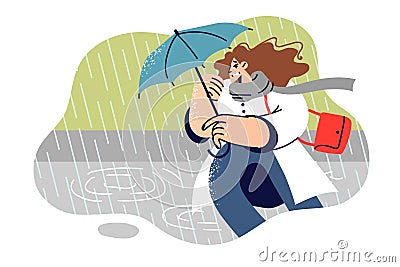 Woman runs with sunshade in hands during storm and tries to escape downpour on way to work Vector Illustration