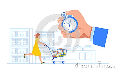 Woman Rushes With Shopping Cart In Supermarket, Trying To Make Most Of Limited Time Sale. She Grabs Various Products Vector Illustration