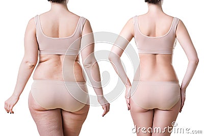 Woman`s body before and after weight loss isolated on white background Stock Photo