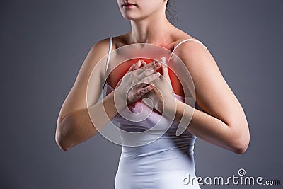 Woman`s breast test, heart attack, pain in human body Stock Photo