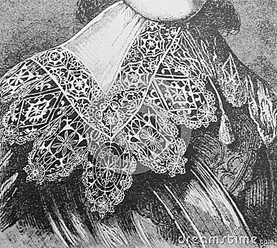 Woman`s collar of XVII century in the vintage book the History of Arts by Gnedych P.P., 1885 Stock Photo