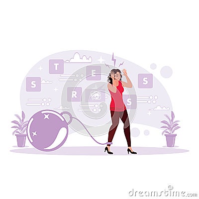 Woman's expression of feeling stressed with a rope on her leg carrying a heavy load. Vector Illustration