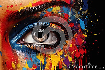A woman's eye with colorful makeup blending with paint drips, emphasizing beauty and creativity Stock Photo