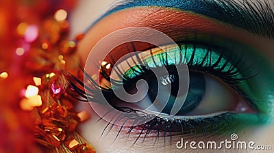 A woman& x27;s eye with colorful makeup and a bright green dress, AI Stock Photo