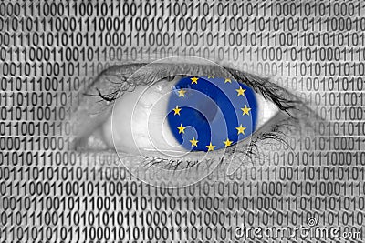Woman's eye with flag of EU European Union and binary code numbers Stock Photo