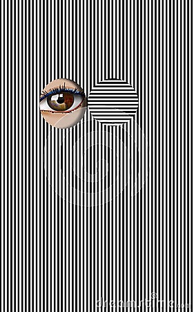 A womanâ€™s eye is seen through a peep hole in a field of black stripes Cartoon Illustration