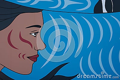 woman's face drawing on the wall blue background mermaid port canada place downtown vancouver canada 2023 Editorial Stock Photo