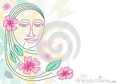 A woman`s face, flowers, cherry leaves in an avant-garde style Vector Illustration