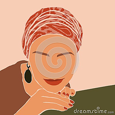 The Woman`s Face in the turban Minimal Style. Abstract Contemporary collage in a modern trendy style. Vector Portrait Vector Illustration