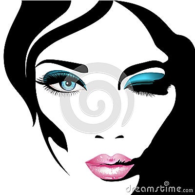 Woman`s face. Vector illustration. Realistic pink lips ann blue eyes with chic eyelashes Vector Illustration
