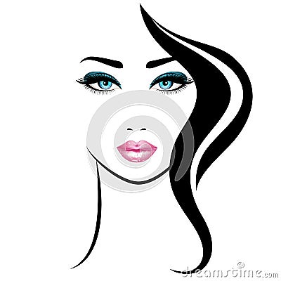 Woman`s face. Vector illustration. Realistic pink lips and blue eyes with chic eyelashes Vector Illustration