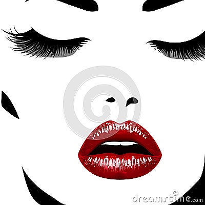 Woman`s face. Vectorillustration. Realistic red lips ann chic eyelashes Vector Illustration