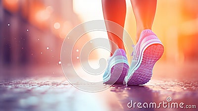 A woman's feet are seen walking on a street, AI Stock Photo