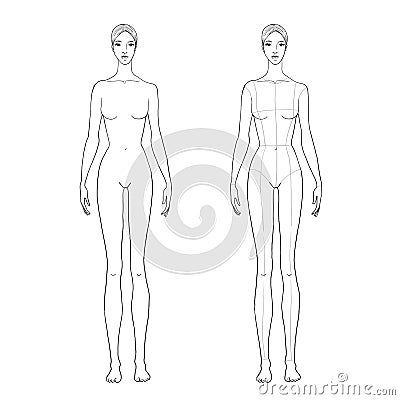 Woman`s figure sketch for technical drawing with main lines. Vector outline girl model template for fashion sketching. Vector Illustration