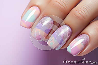 Woman's fingernails with pastel colored nail polish Stock Photo