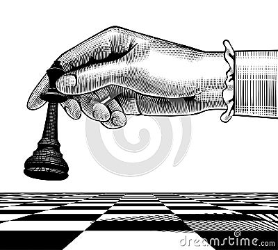 Woman`s hand with a black king chess piece Vector Illustration